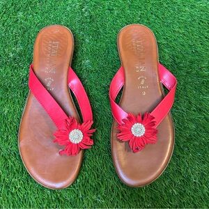 Italian Shoemakers Red and Brown Sandals with Chic Floral Accent